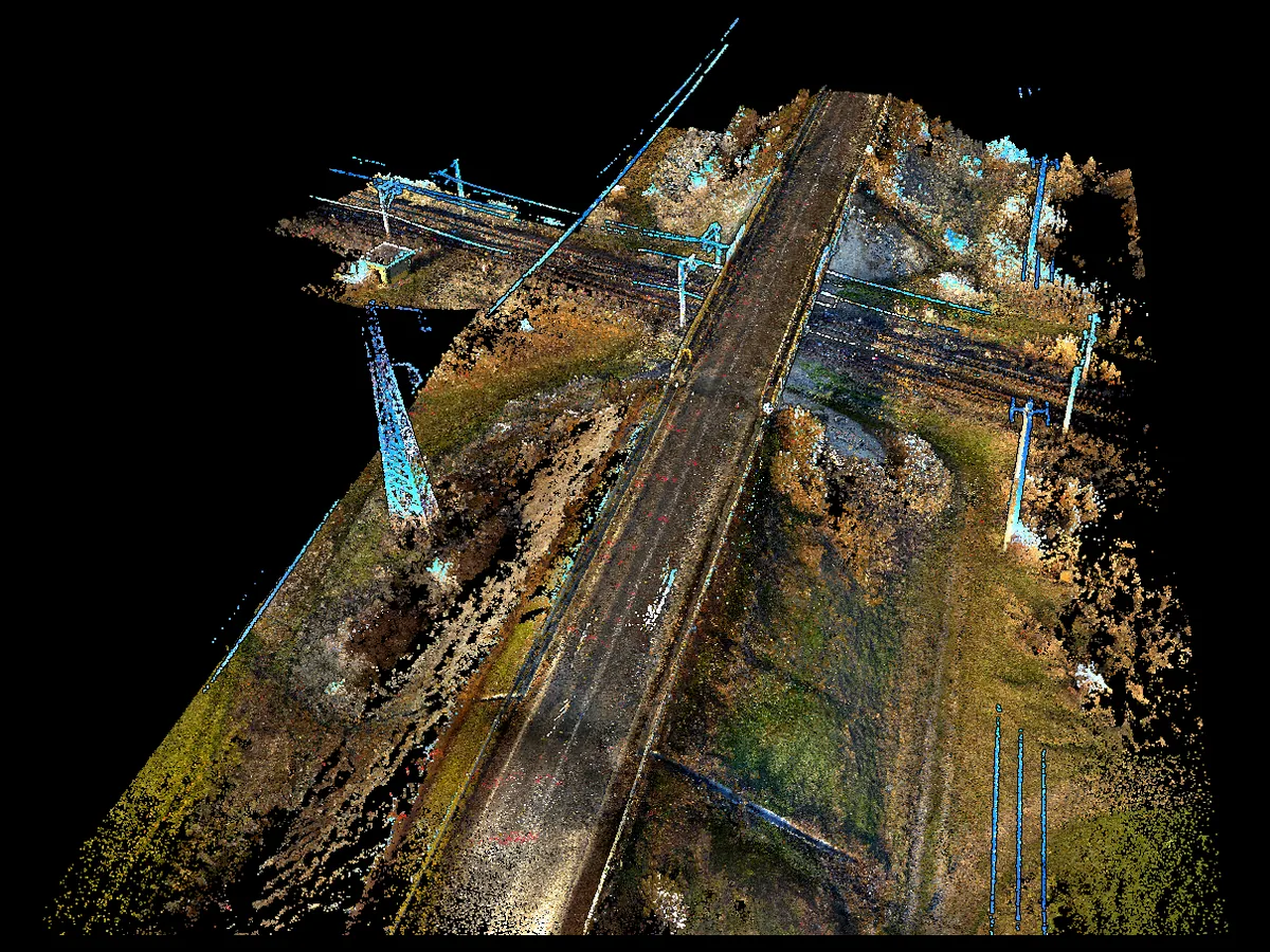 Norul LiDAR al podului Găiseanca din Brăila, cu liniile de cale ferată și stâlpii de catenară de dedesubt